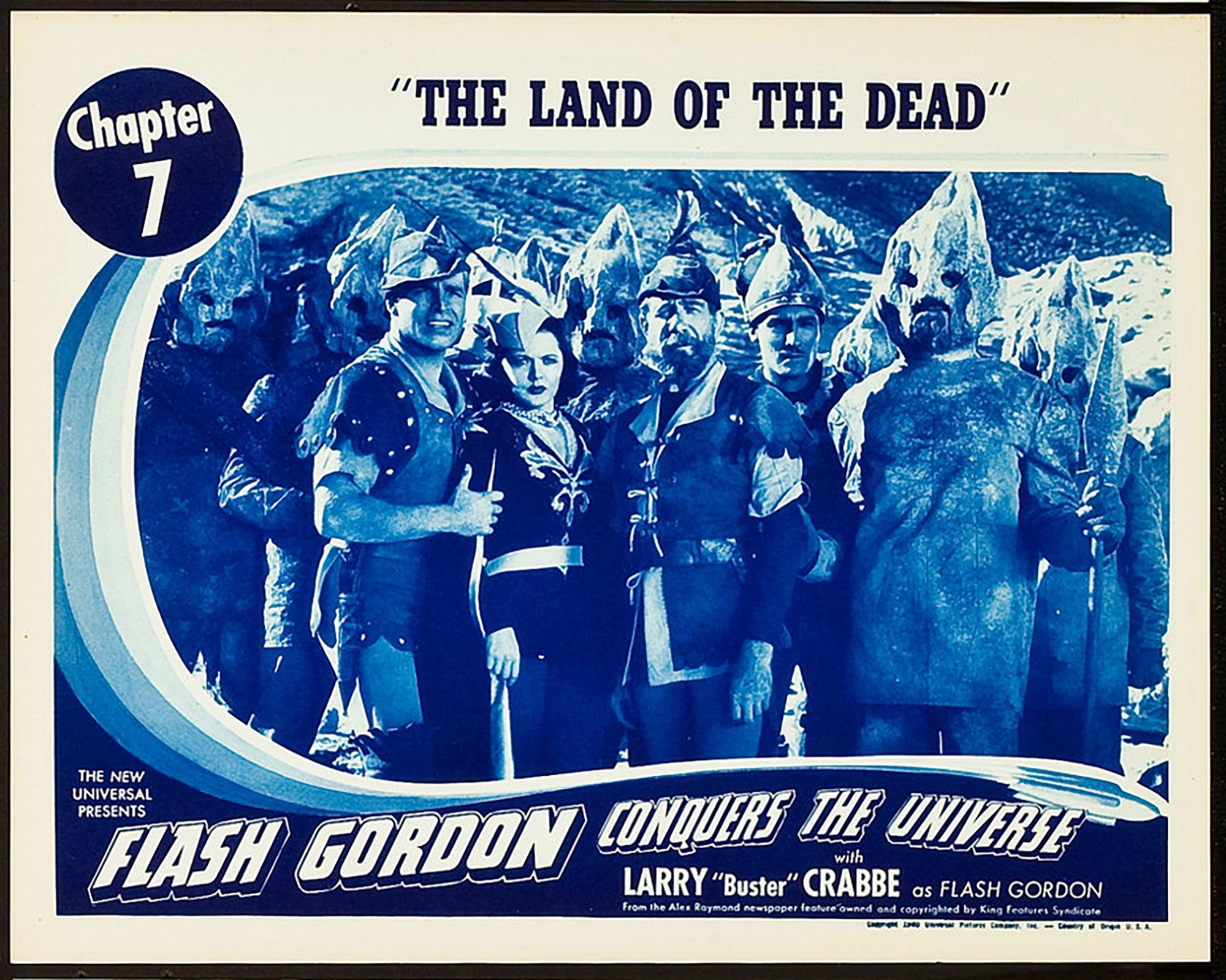 Flash Gordon was featured in three serial films: Flash Gordon (1936), Flash Gordon's Trip to Mars (1938), and Flash Gordon Conquers the Universe (1940). These movie serials were popular during the first half of the 20th century, consisting of a series of weekly episodes exhibited in consecutive order at theaters during the “shorts.” Each episode ended in a “cliffhanger” which helped to entice the audience back to the movie theater the following week for the next feature film, making the extremely popular Flash Gordon important to generating box office in movie theaters as audiences followed his adventures over months. Lobby cards such as this were important in promoting the next episode of the serial and are now highly sought after by collectors