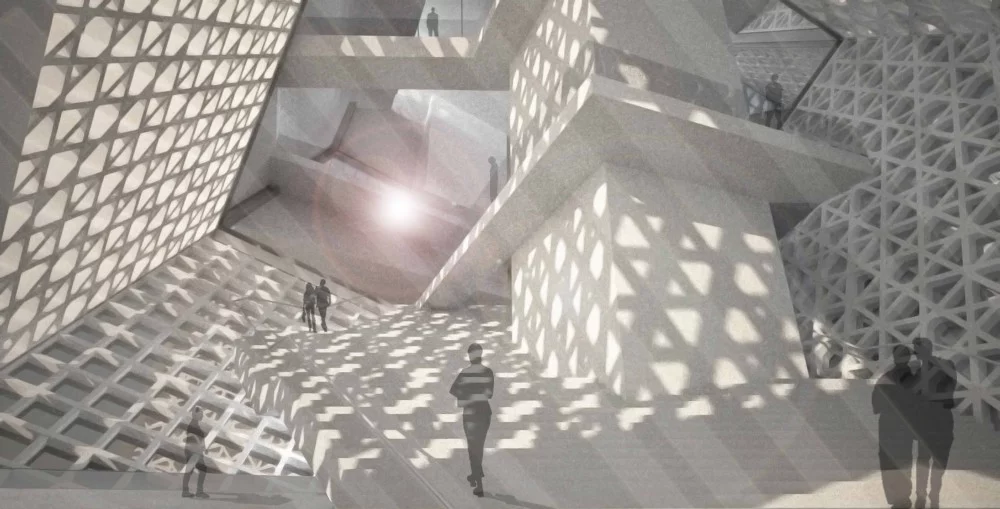 The structure's interior boasts a multi-level space that is connected through a central point (image: OODA)