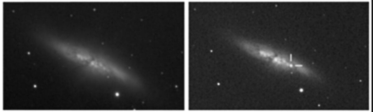 Supernova 2014J in M82: Left image is pre-supernova, Right image is post-supernova (Photo: UCL/University of London Observatory/Steve Fossey/Ben Cooke/Guy Pollack/Matthew Wilde/Thomas Wright)