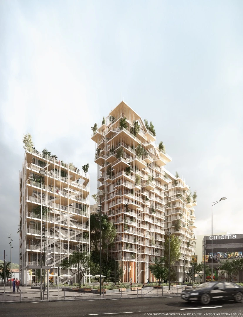 The cluster of timber buildings would rise to 50 m (164 ft) in height