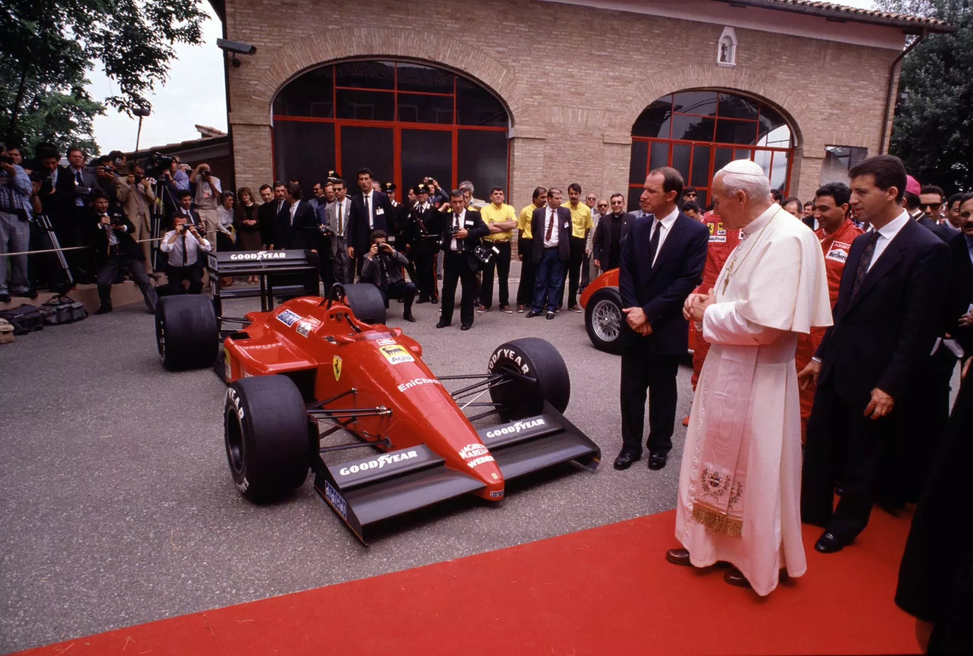 Pope John Paul II had a history with Ferrari, having visited Maranello in 1988 at a time when McLaren was the dominant force in Formula One. Instead of greeting the Ferrari town in his Popemobile, the Pontiff asked to do it in a Ferrari, and he embraced much of the company's history during the visit.