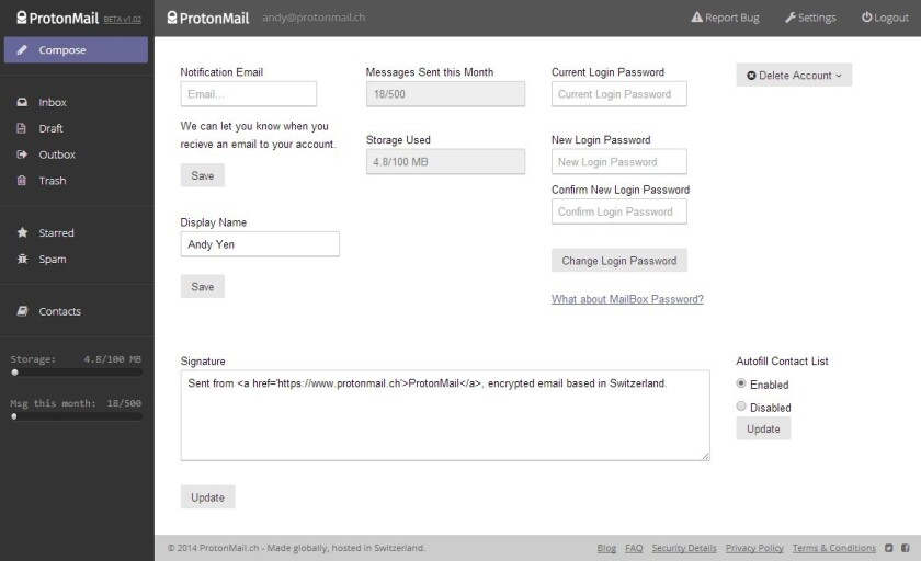 The ProtonMail "account settings" screen