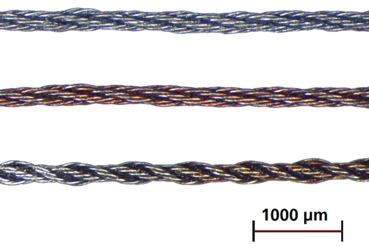 Experimental molybdenum leads developed for the study, coated with different biopolymers