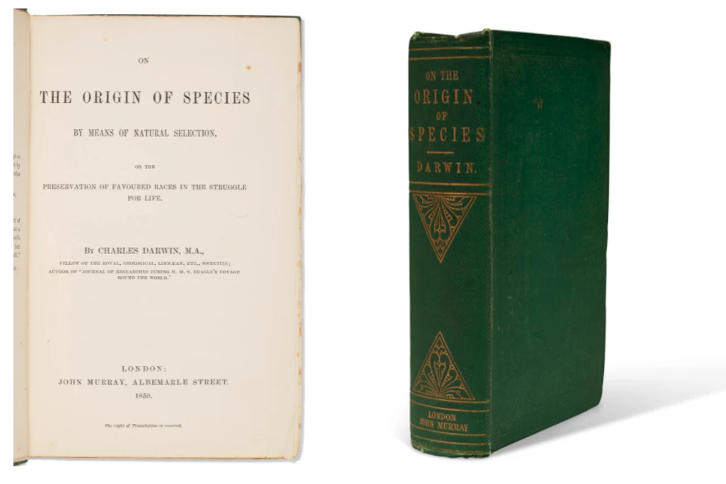 This fine first edition of “The Origin of Species” by Charles Darwin is generally regarded as "the most important single work in science." It sold for $300,000 at a Christie’s auction on 16 October 2021 against an estimate of $150,000 to $250,000