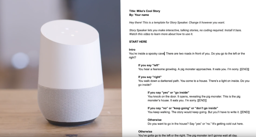 Story Speaker allows for interactive stories to be written in a Google Doc and then spoken by the Assistant