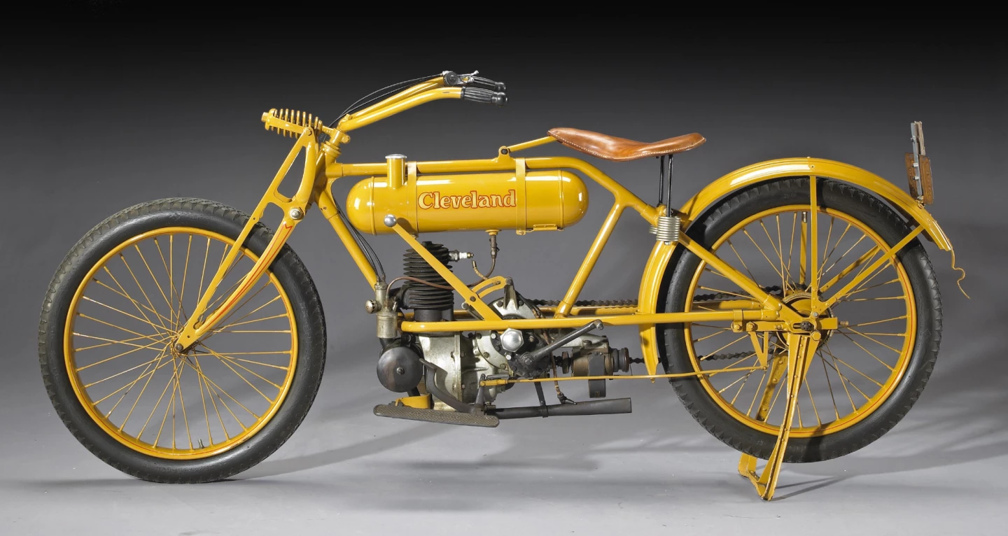 Just the third two-stroke in the top 250 and the work of Kenny Howard who is better known as "Von Dutch", artist, restorer, and drinking mate of Steve McQueen. Though it became known for its mighty four cylinder of 1929, the first motorcycle from the Cleveland Motorcycle Manufacturing Company was this 13.5ci (221cc) single-cylinder two-stroke with the crankshaft inline with the frame, a sensible arrangement for a shaft-driven motorcycle but one that necessitated a worm gear to turn the drive through 90 degrees on the chain-driven Cleveland.This eccentricity seems entirely appropriate with Von Dutch's involvement. It was restored by Von Dutch in the early 1970s for the ‘Movie World Cars of the Stars’ museum in Buena Park, California. The bike was sold in 1984 and has remained in a private collection for the past 20 years. Featured in the book on the life and work of Kenneth ‘Von Dutch’ Howard, it has also featured in other Von Dutch art displays. Von Dutch memorabilia and collectibles have been appreciating in value for quite some time and given this bike fetched $93,600 in November, 2007, it might well sell for a lot more now.