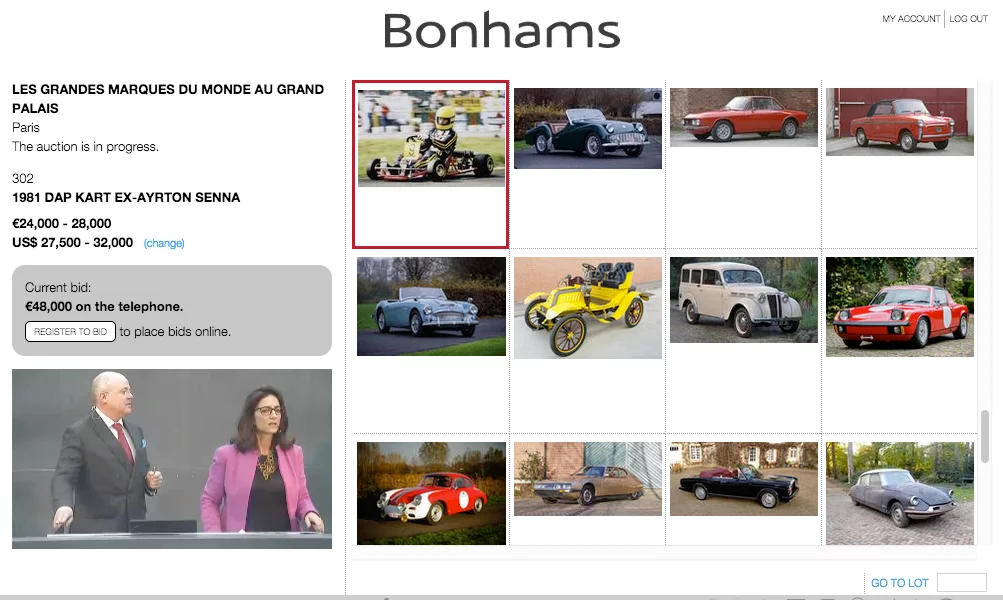 Bonhams' mastery of the webcast medium is one of just many reasons the company excels rare car and motorcycle sales. The auction interface does not need hi-res video - it requires high quality audio and a clear indication of the car, its estimates, the current bid and the running order of the auction. Bonhams online auction interface is the outstanding one of the big three.