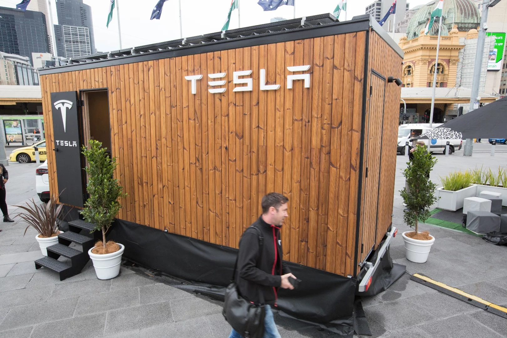 The exterior of the Tesla Tiny House is clad in locally-sourced wood