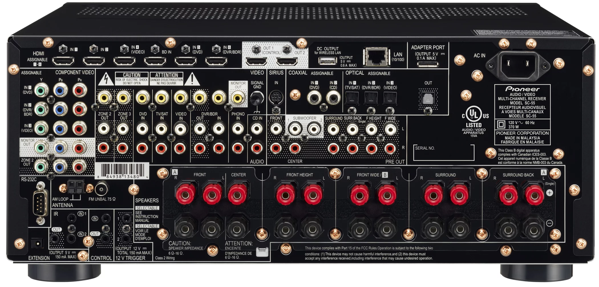 The inputs and outputs of the Elite SC-55 AV receiver