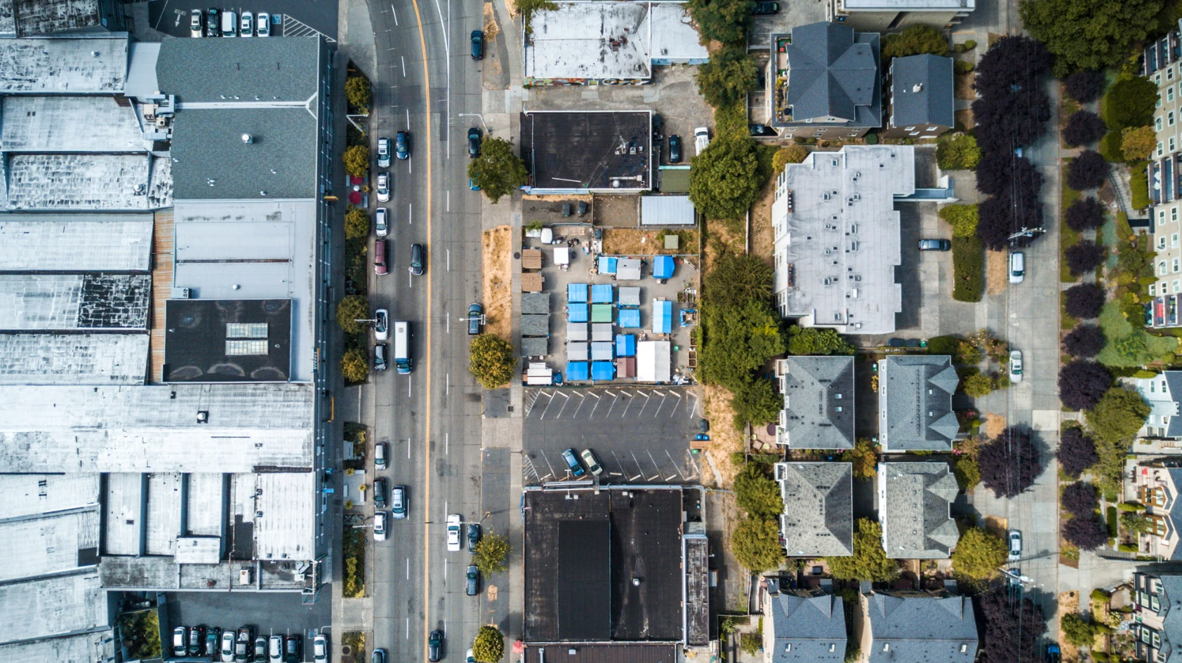 A tent city in Seattle in the center of frame