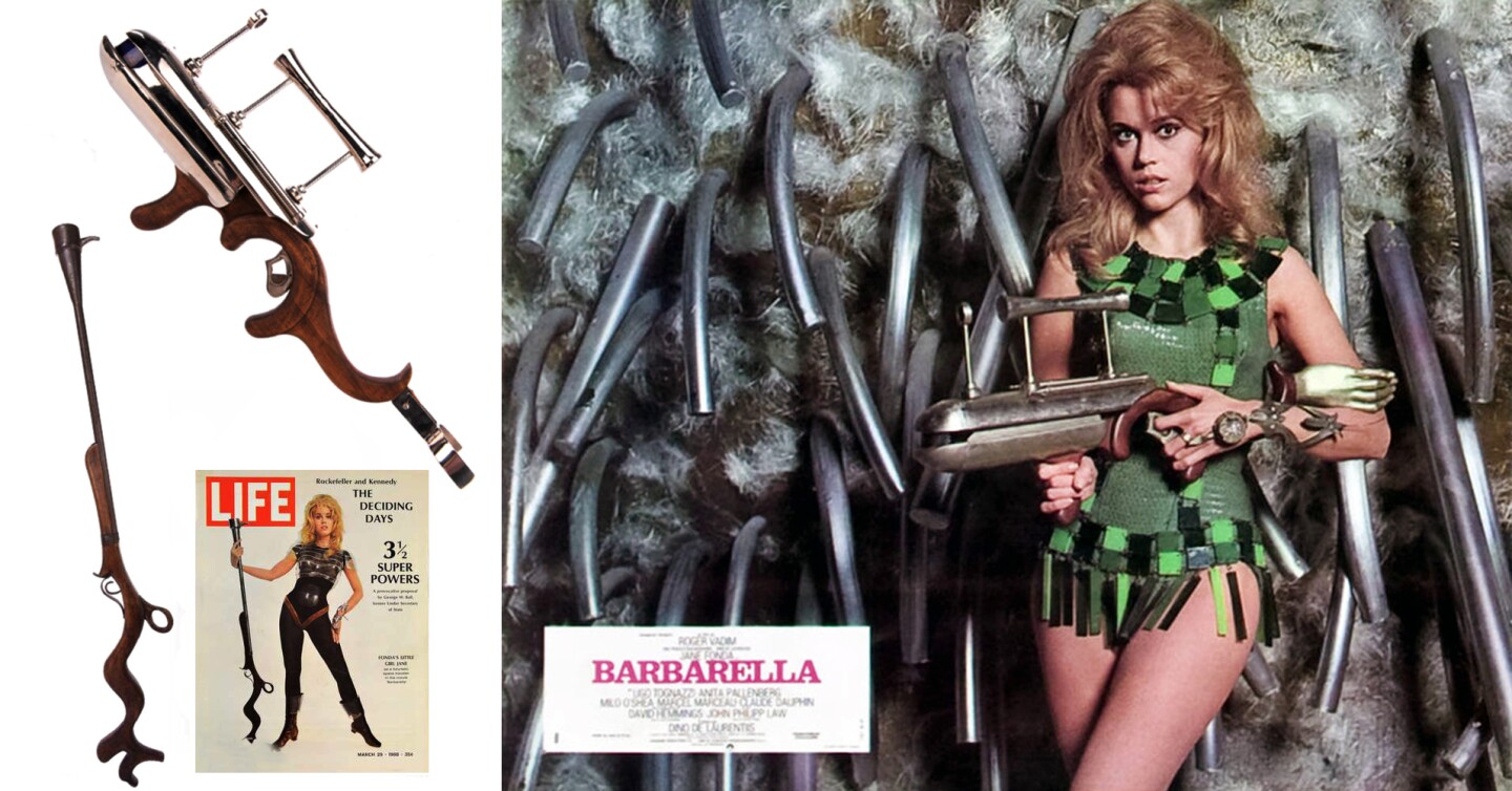 $220,000 | Jane Fonda's space rifle from 'Barbarella' | Auction House: Profiles in History | Sale price: US$220,000 | Official Estimate: US$15,000 to $20,000 | Date of sale: June 7, 2018