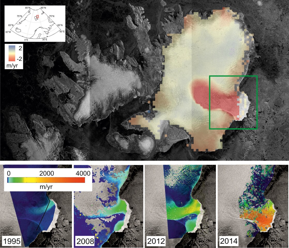 The top figure shows the rate of elevation change between 2010 and 2014, with red indicating a lowering of ice surface. An evolution of ice velocity over two decades is shown at the bottom of the image (Image: CPOM/GRL)