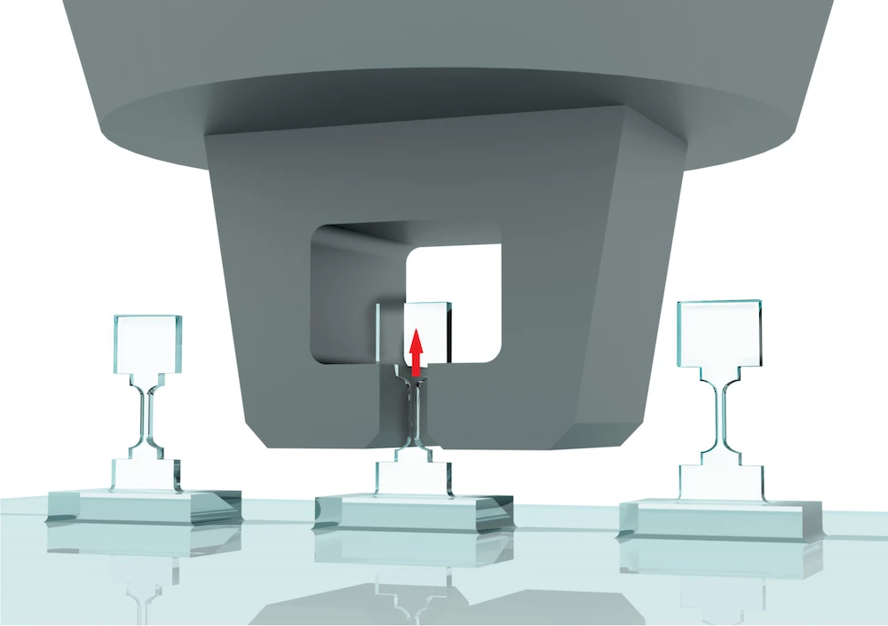 A diagram showing how the specially-shaped diamond nanostructures were stretched