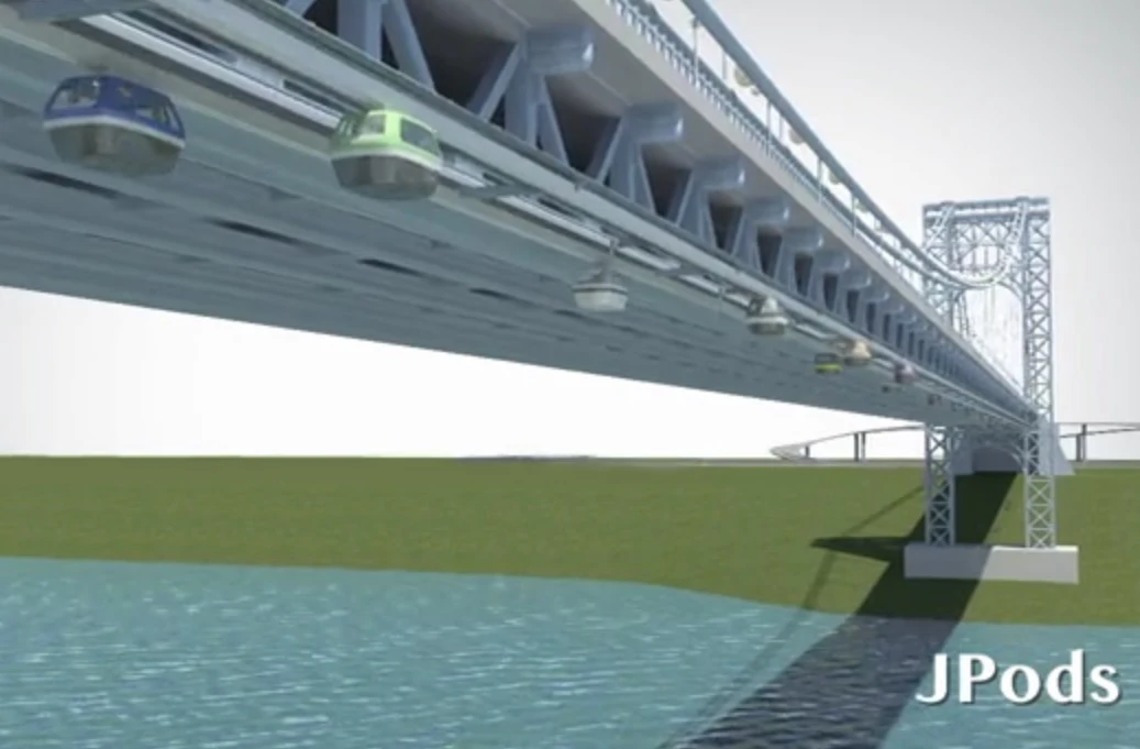 The JPod system could be installed under existing bridges or other suspended infrastructure