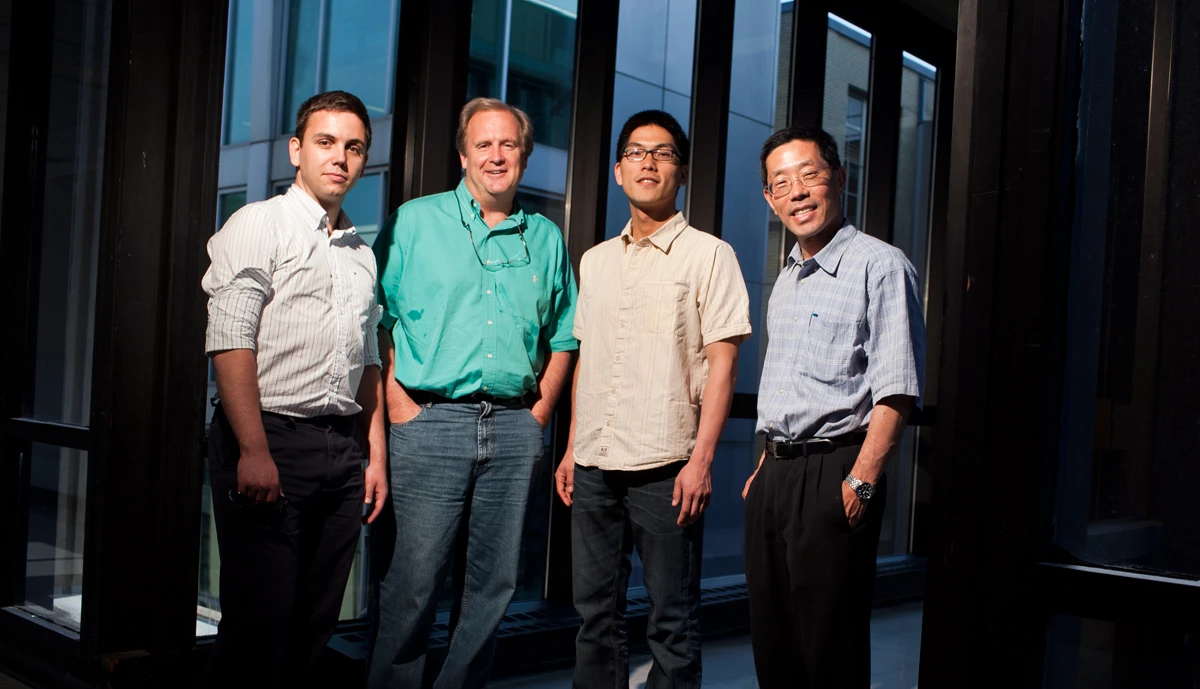 Members of the research team included (from left to right) recent graduate Mihai Duduta '10, Prof. W. Craig Carter, graduate student Bryan Ho, and Prof. Yet-Ming Chiang (Image: Dominick Reuter)