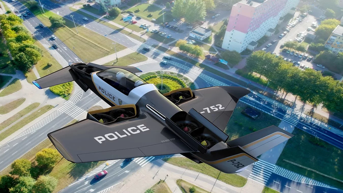 The ANN2 in police trim. Fan bays open to expose the VTOL fans in the fuselage
