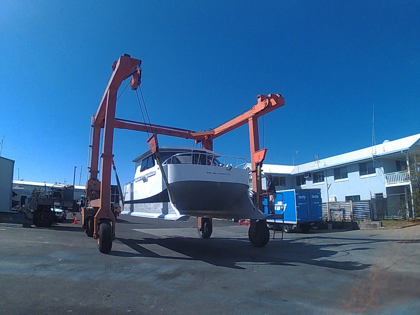 The first production model on the cradle lift at Yamba Marina, Australia, prior to launching for the maiden voyage