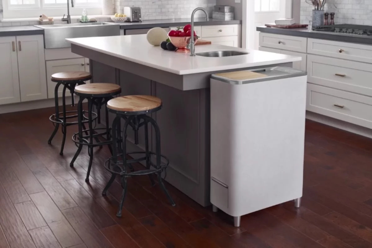 The Zera Food Recycler (at end of kitchen island) composts kitchen waste