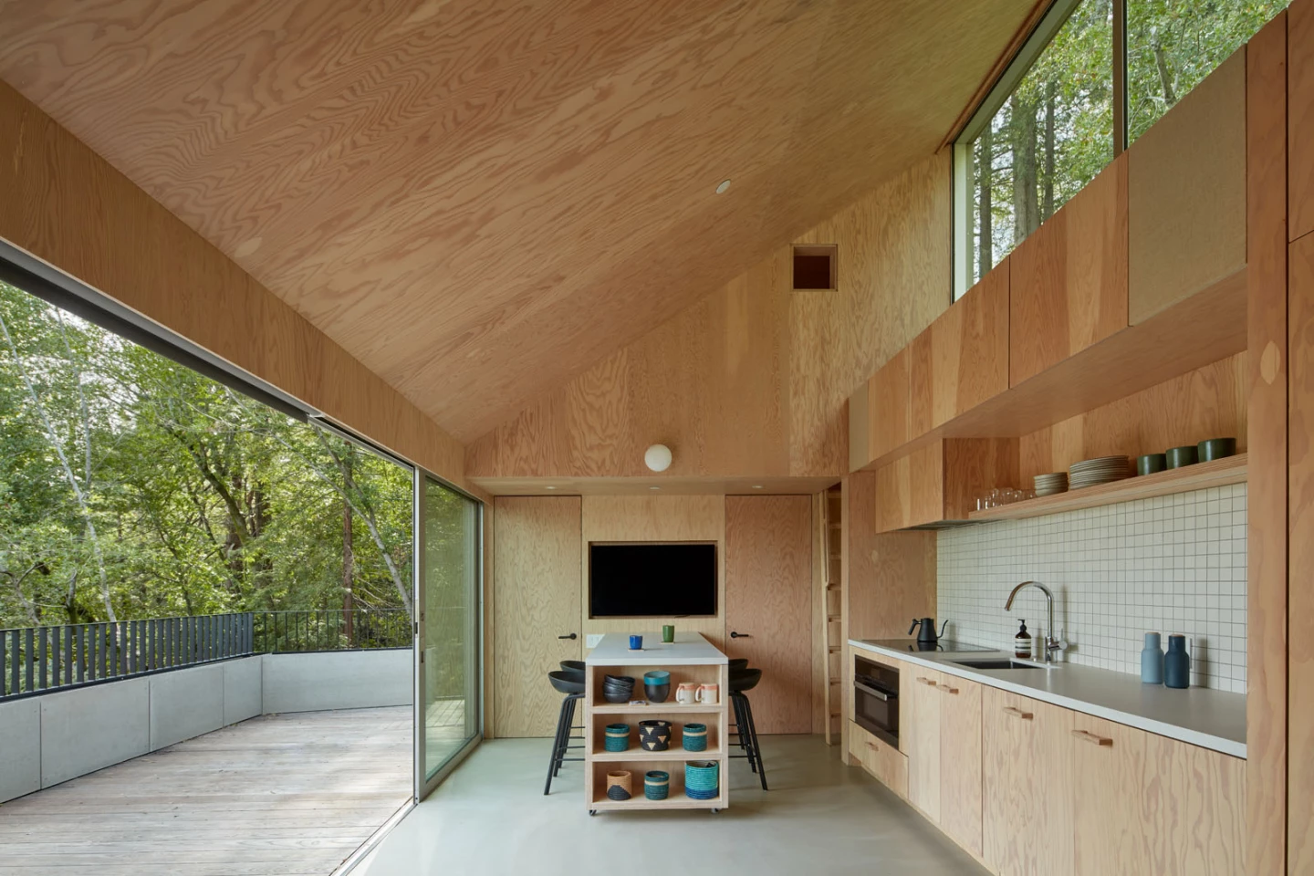 Crest's dining table is on wheels and can be moved outside when the weather suits