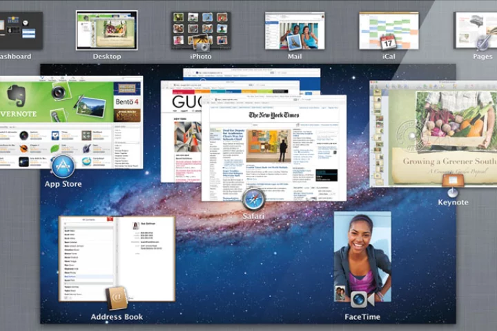 Mac OS X Lion sees over 250 new features including Mission Control, which merges ExposÃ©, Spaces and Dashboard functionality