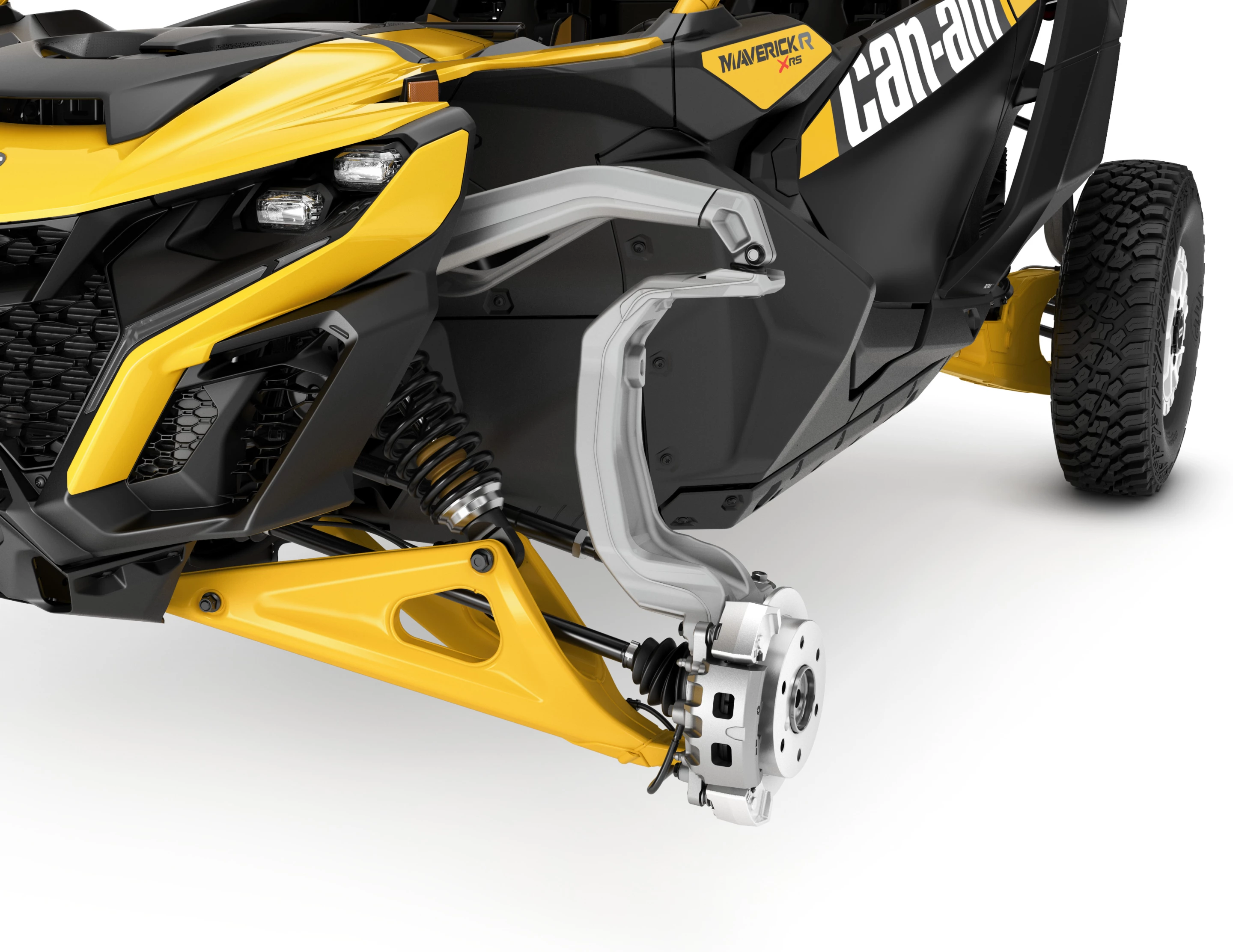 With the wheel removed, the unique upper arms of the new Can-Am Maverick R's suspension is seen – it accommodates wheels down to 15 inches and tires up to 35 inches