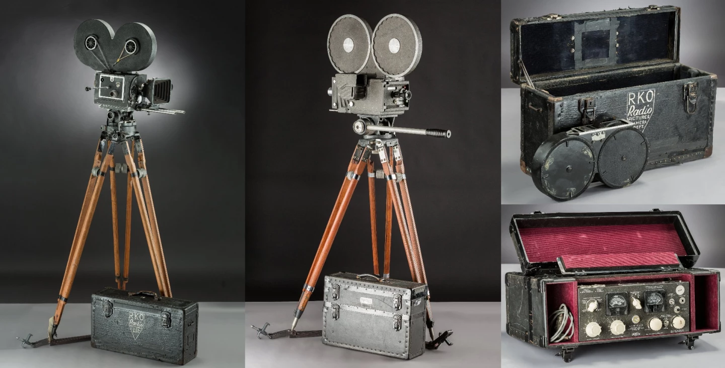 Two interesting movie cameras will sell at Heritage Auctions next month, the most significant, pictured left, being a Mitchell 35mm Standard A Motion Picture Film Camera circa 1940. The camera was originally owned by RKO Radio Pictures and then owned and used by a Walt Disney Cinematographer in Hollywood for shooting film for Disney. These early Mitchell Standard motion picture cameras shot nearly all of the early movies in Hollywood and around the world since their introduction in 1919. The camera is estimated to sell for between $70,000 and $100,000. The camera pictured in the center is an original and correct Bach-Auricon 16mm Motion Picture Newsreel Camera circa 1953 with original wood tripod, lens, sound amplifier and 1200 ft film magazine and estimated to sell for between $25,000 and $35,000.