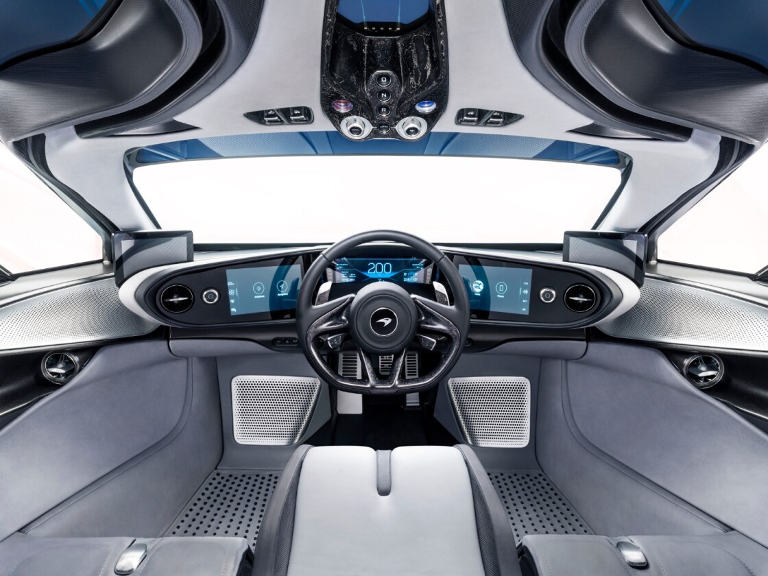 McLaren Speedtail: symmetrical cockpit places the driver's seat front and center, with an unobscured view of the road and overhead controls so you can feel like a fighter pilot when you fire it up or put it in reverse