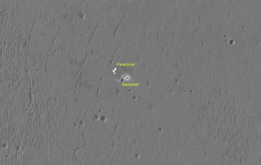 Opportunity lander back shell and parachute seen from the Mars Reconnaissance Orbiter