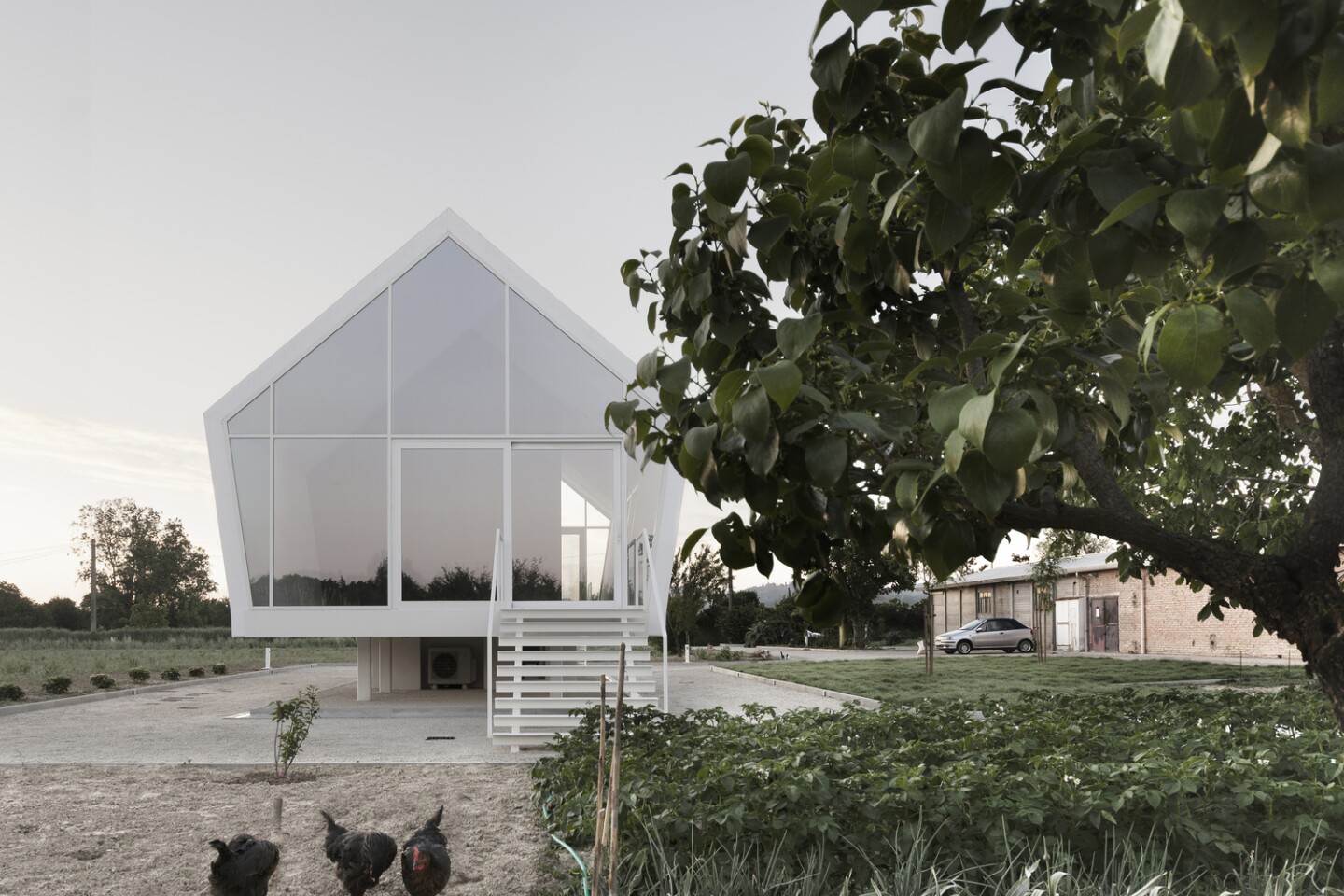 The home is elevated above the ground and is supported by a series of unobtrusive short steel pillars