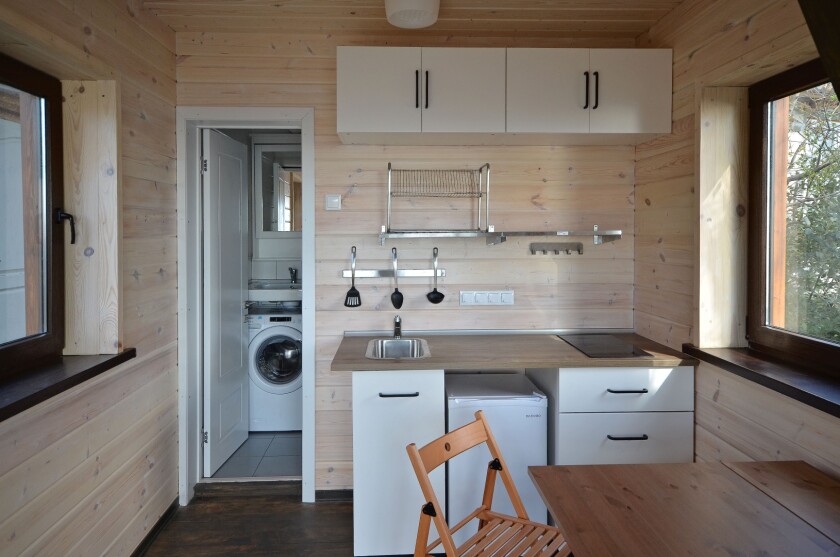 View of the S22's kitchen, with bathroom in the background