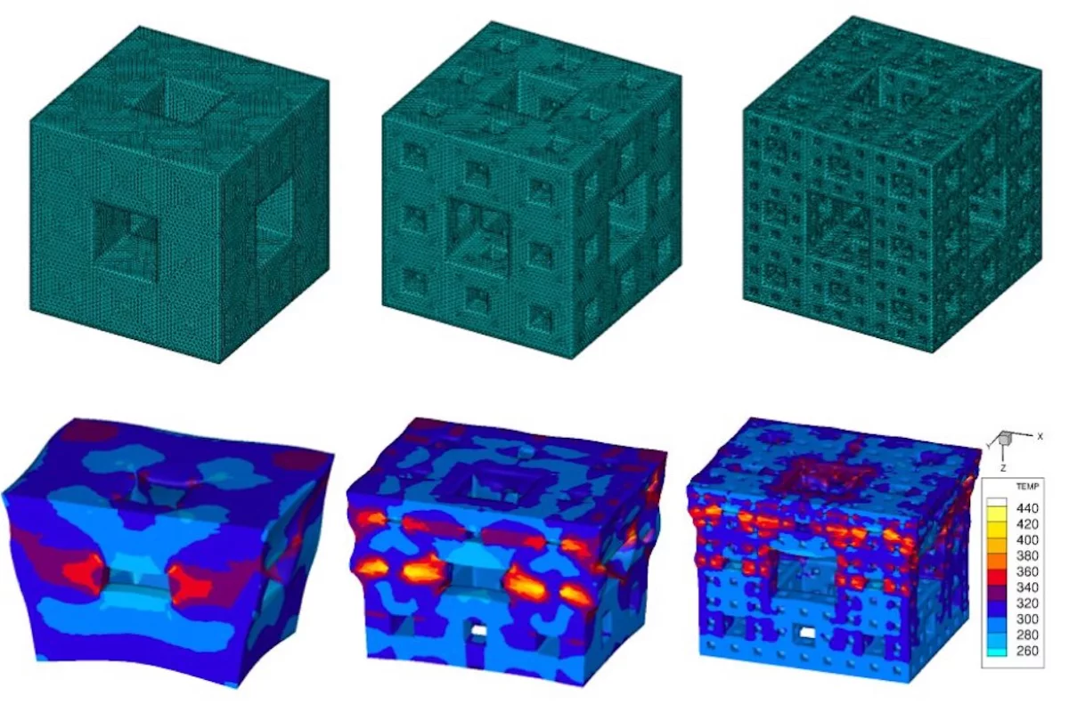 Simulated images show how the cubes with more intricate fractal void patterns dissipate shock waves more effectively