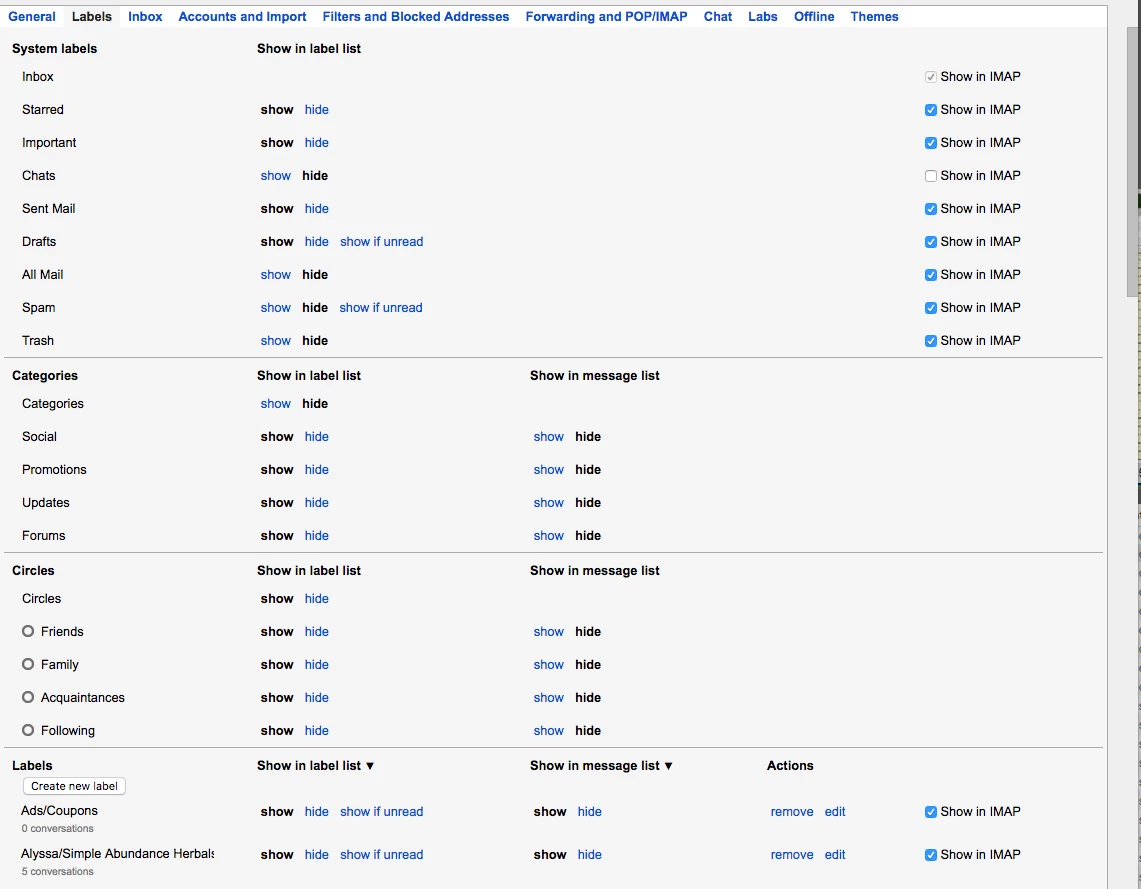 Gmail > Settings > Labels