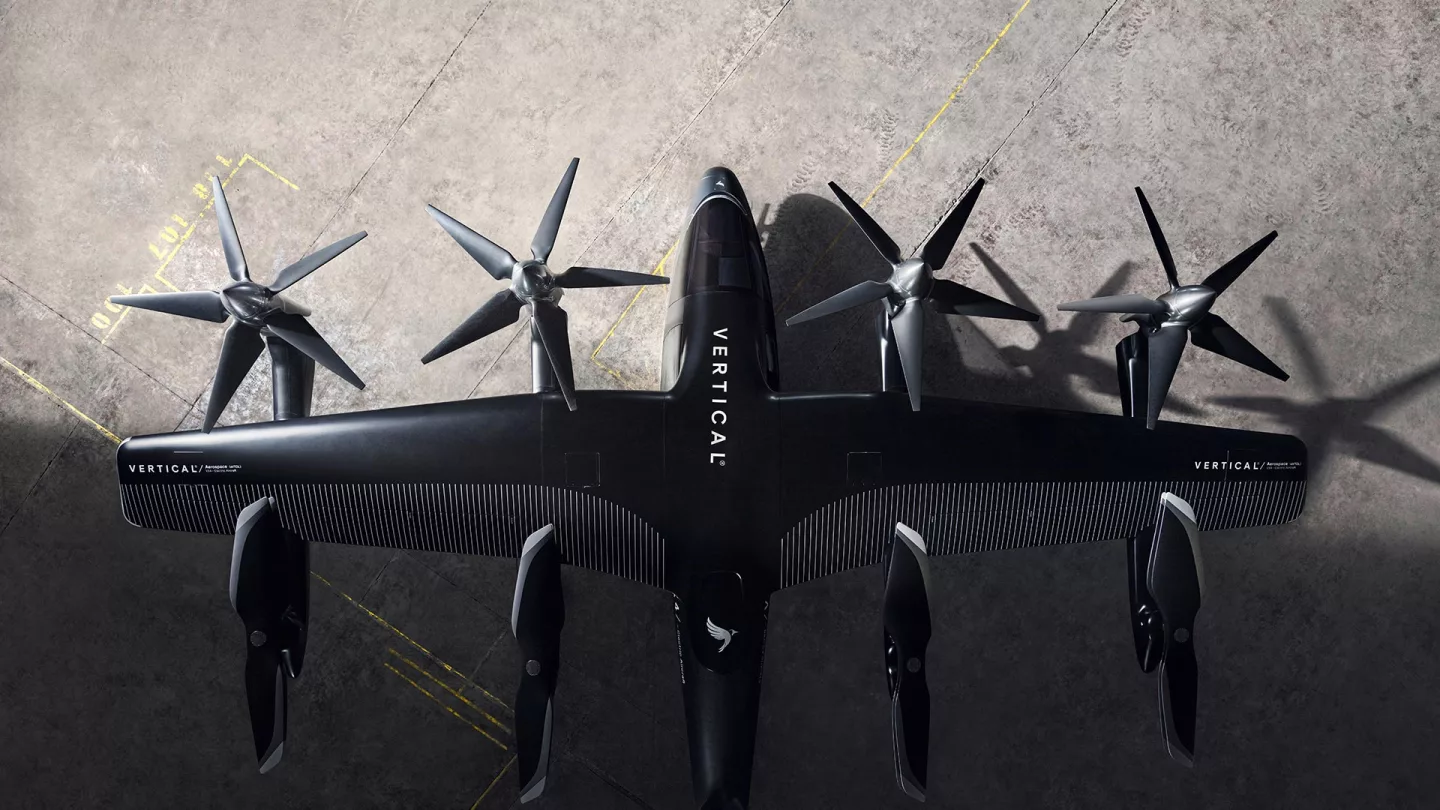 The VX4 airframe uses a tilting bank of five-blade props at the front, and a bank of scissor-stowing 4-blade props at the back