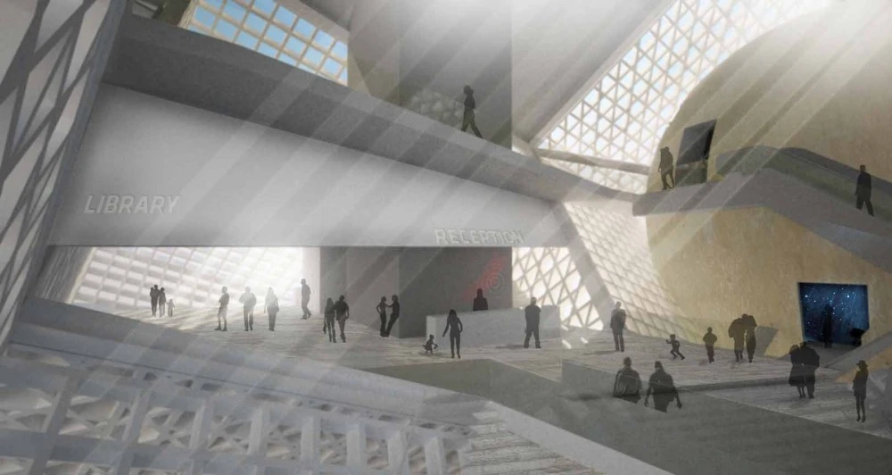 The structure's interior boasts a multi-level space that is connected through a central point (image: OODA)