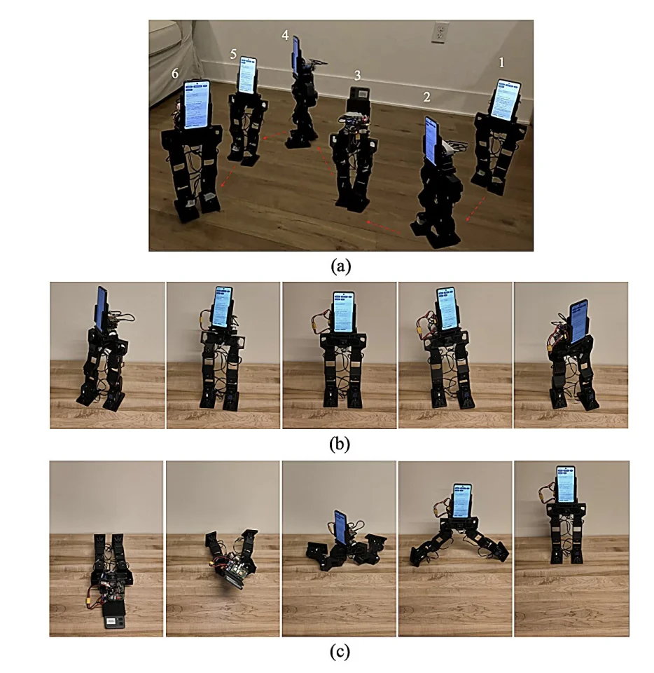 PhoneBot can walk, follow a person, and stand up from a face-down position.