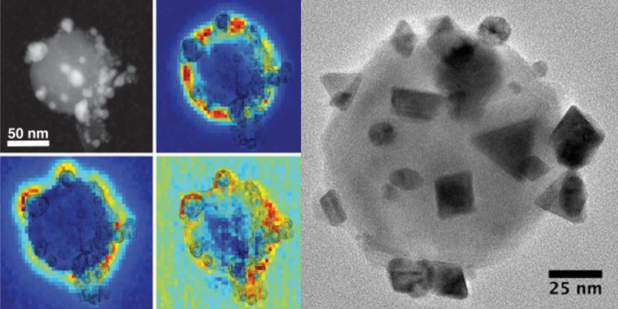 An earlier palladium/aluminum catalyst shown in detail. Colored electron spectroscopy maps show the "spatial distribution of individual plasmon modes around the palladium islands. These plasmon modes are responsible for capturing light energy and transferring it to the catalyst particles."