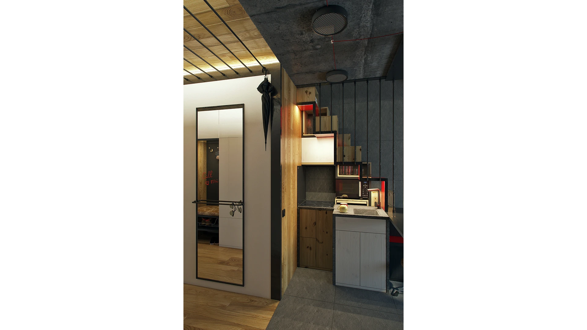 The micro apartment squeezes into a mere 18 square meter (194 sq ft) footprint and stretches over two levels
