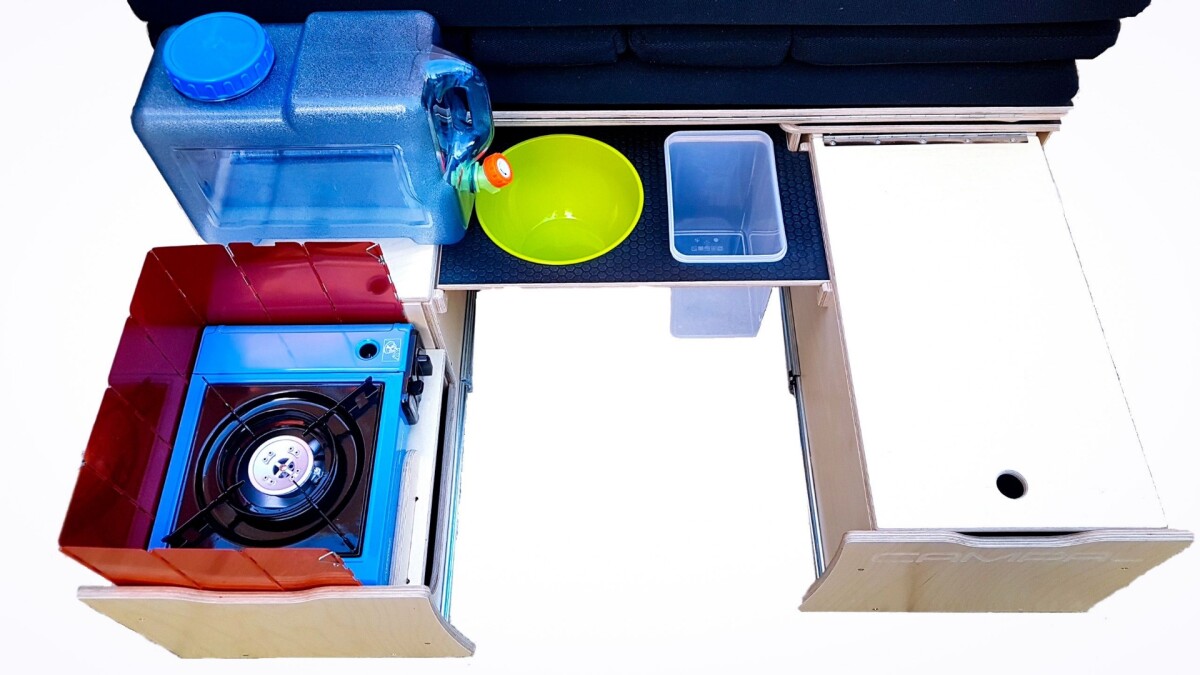 The basic Campal ForTwo comes with the stove, hardware/drawers, cushions, bowl and waste bin; the water container is available as a low-cost option