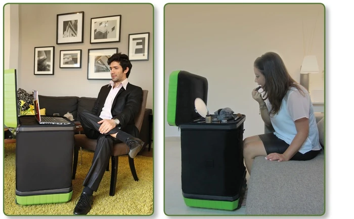 The Fugu Luggage doubles as a makeshift table