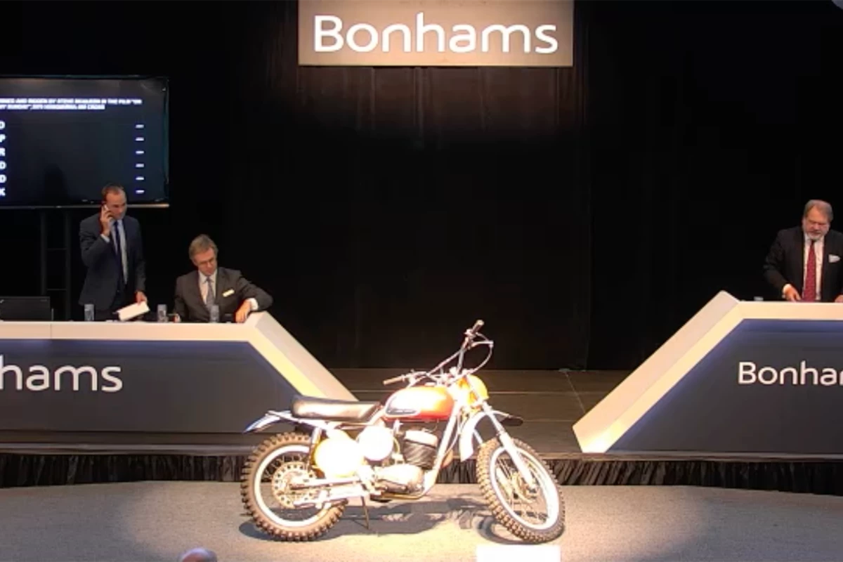 Bonhams' CEO Malcolm Barber presides over the sale of the most expensive Husqvarna ever sold: the 400cc Cross ridden in the cult movie, "On Any Sunday"