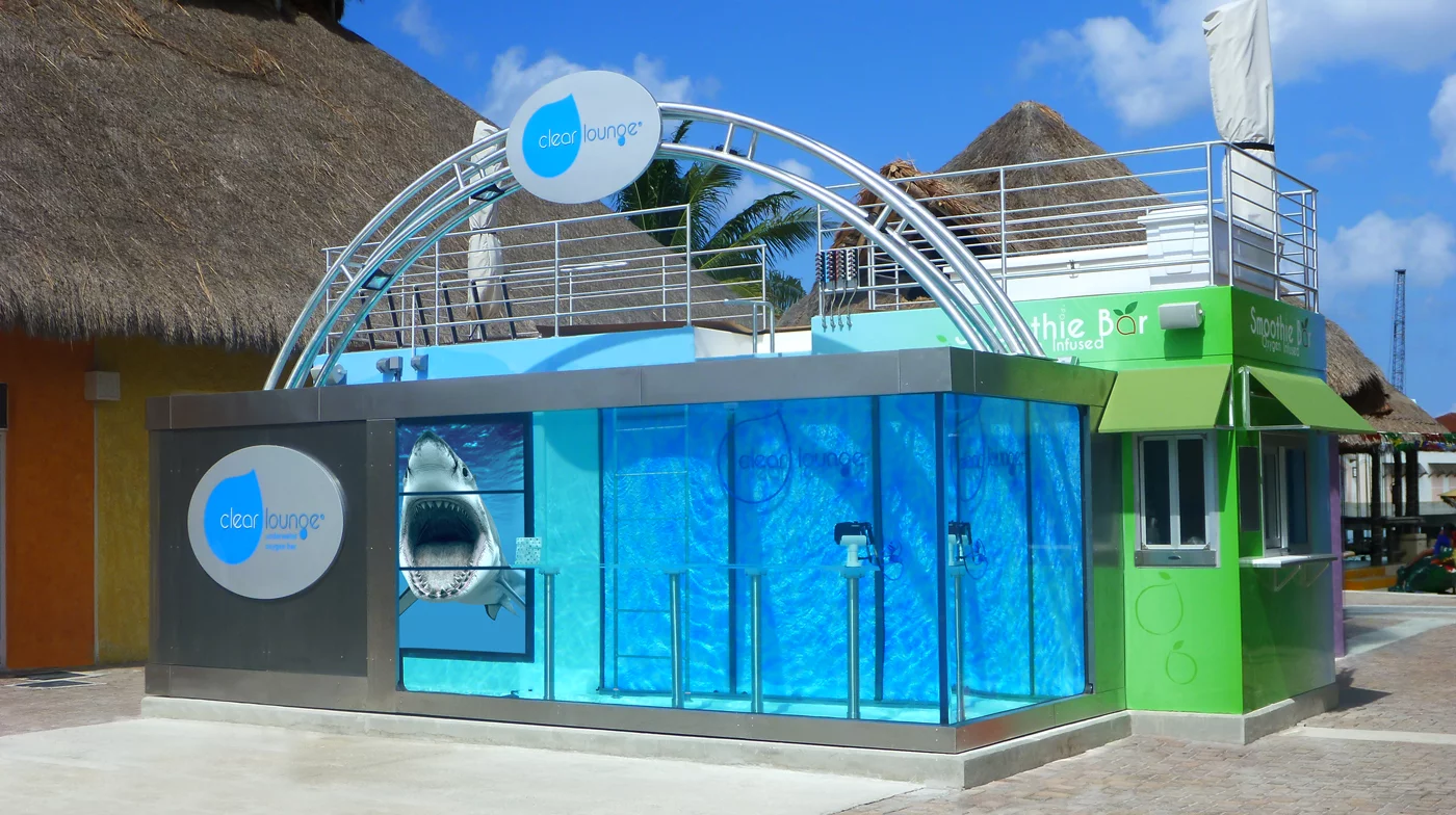 Visitors to the Clear Lounge bar can walk around on the bottom of a 13,000-gal (59,100-l) tank of water