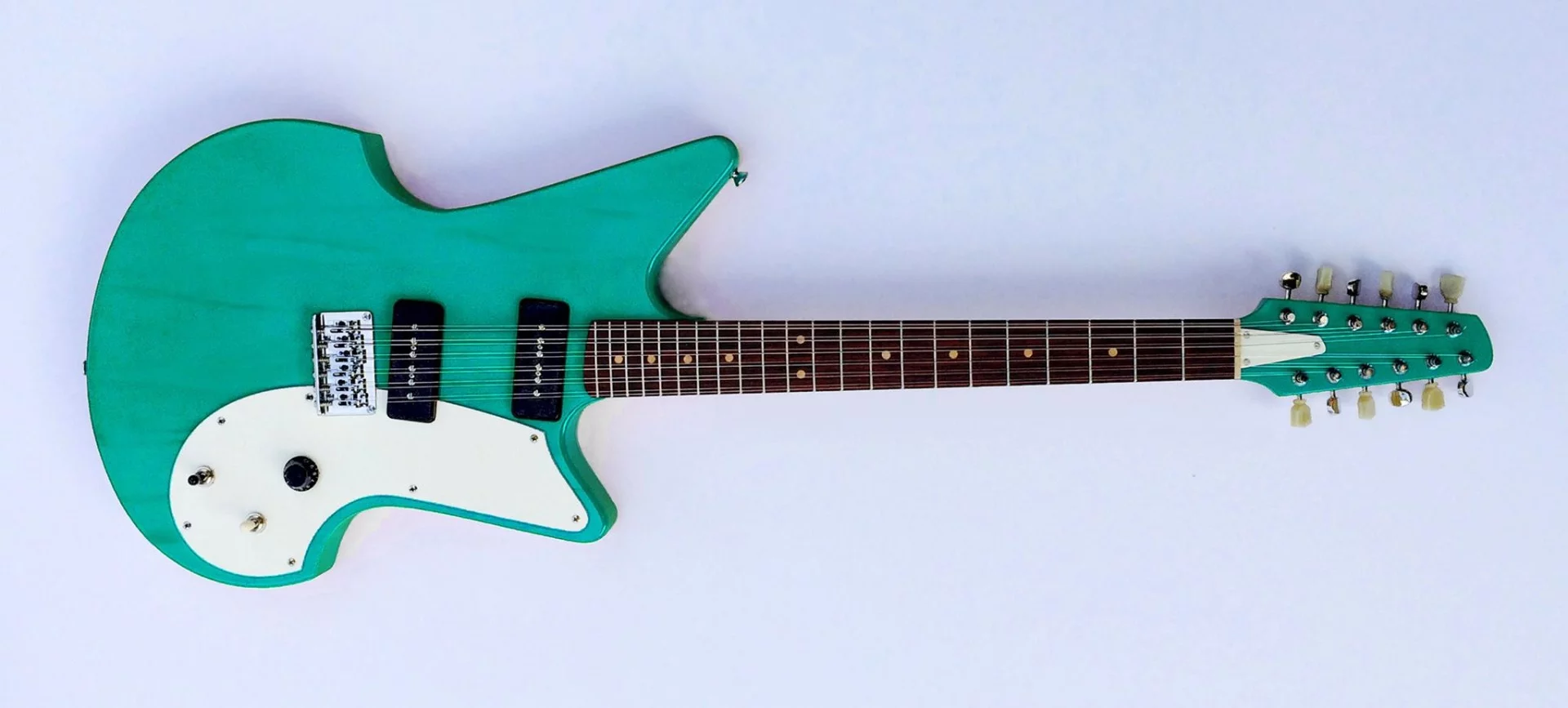 The upper main 12-string body of the Flux Guitar in "Bowie Blue"