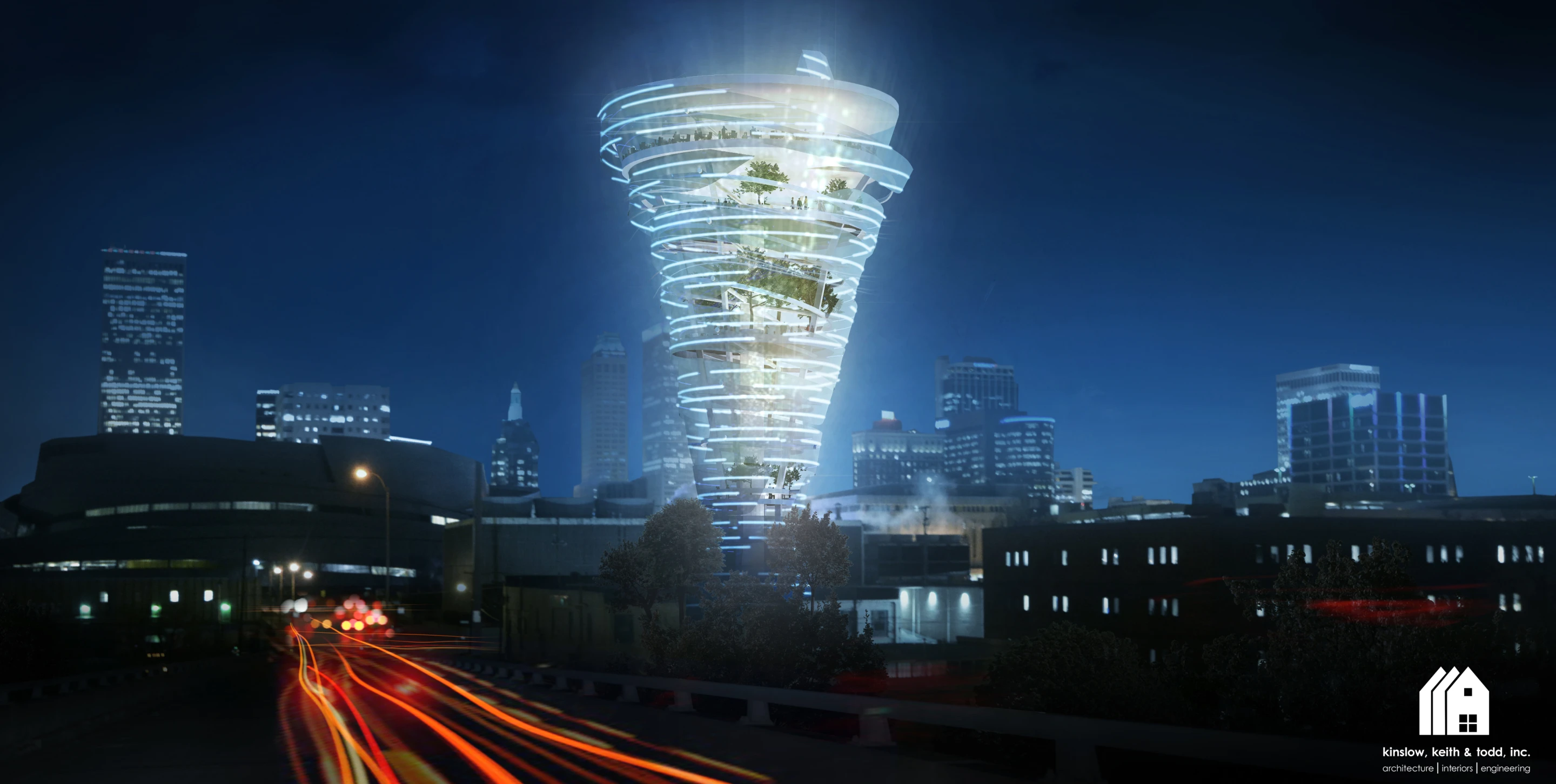 Rising to a height of between 76 - 91 m (250 - 300 ft), the building would be clad in glass and perforated metal panels and sit atop an existing parking garage (Image: Kinslow, Keith & Todd)