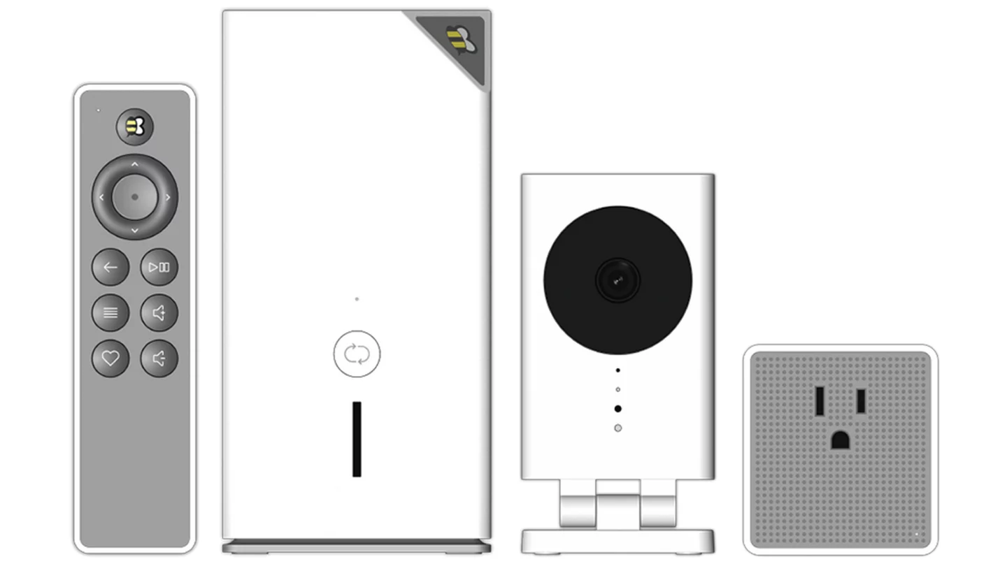 The QBee range consists of the Gateway and remote (left), Multi-Sensor Camera (center) and Switch (right)