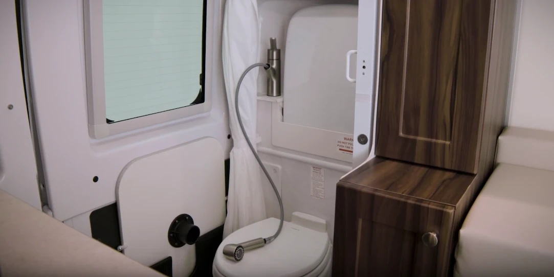 The pull-out sink faucet doubles as the shower