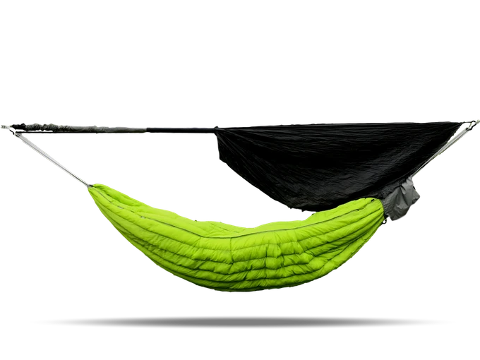 The Swayy Eira hammock comes with a rainfly that can be suspended from a ridge line above