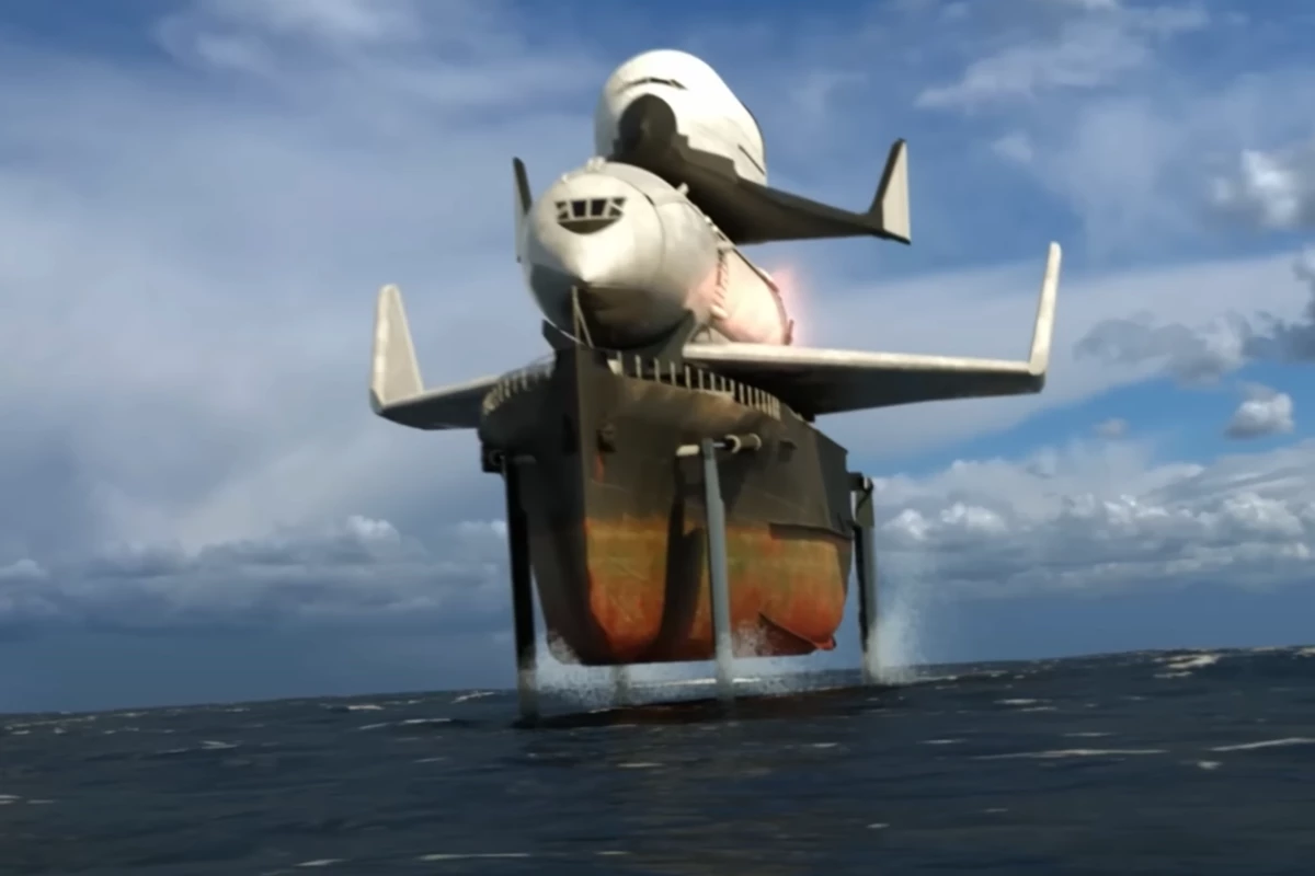 The Alexeyev/Sukhoi Albatros launch system would have launched a carrier plane off the back of a hydrofoiling barge. Rendered here by YouTuber Hazegrayart