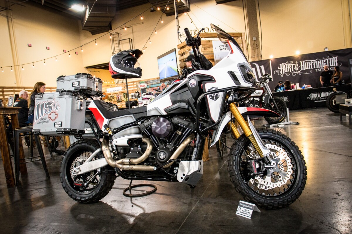 San Diego Customs brought its FXADV, an adventure bike built around a Harley motor. That underslung rear brake rotor looks like a bit of a liability to us, and this would have to be the first ADV bike we've seen with fourteen-inch handlebar risers.