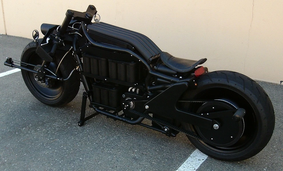The 750-lb (340-kg) bike's original engine has been replaced with a 650-amp AC-20 electric motor that delivers 82 ft lb (111 Nm) of torque