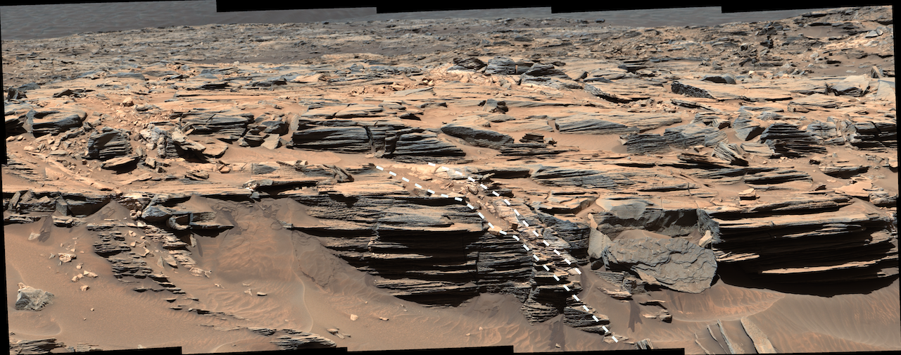 Light-coloured rocks surrounding the chasm "Hello" Mars (highlighted by dotted line) is opal, according to new analysis of Curiosity rover data